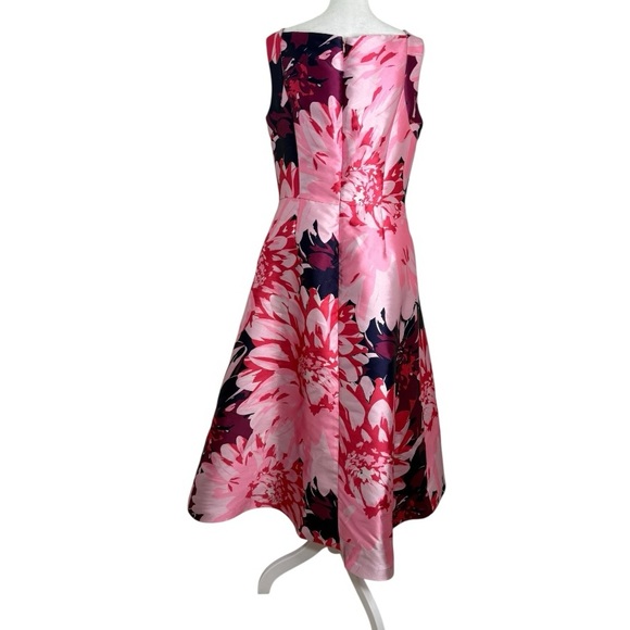 Kay Unger Marie Pink Floral Tea Length Dress 12 A-Line Square Neck Wedding Gues - Picture 7 of 10